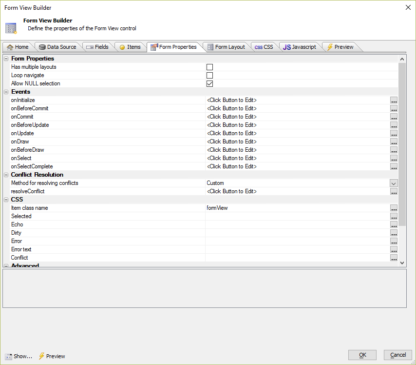 The Form View Builder Form Properties Tab.
